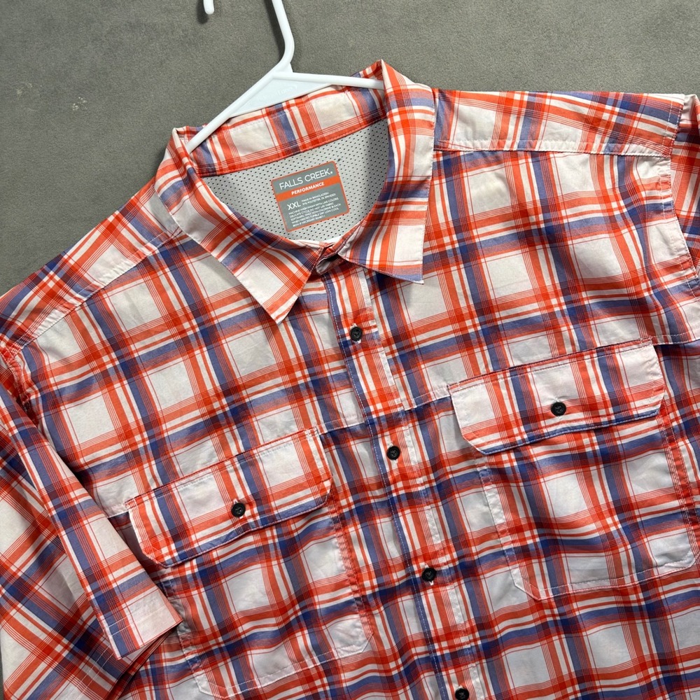 Falls Creek Performance Shirt Mens XXL Orange Blue Plaid Short Sleeve Excellent